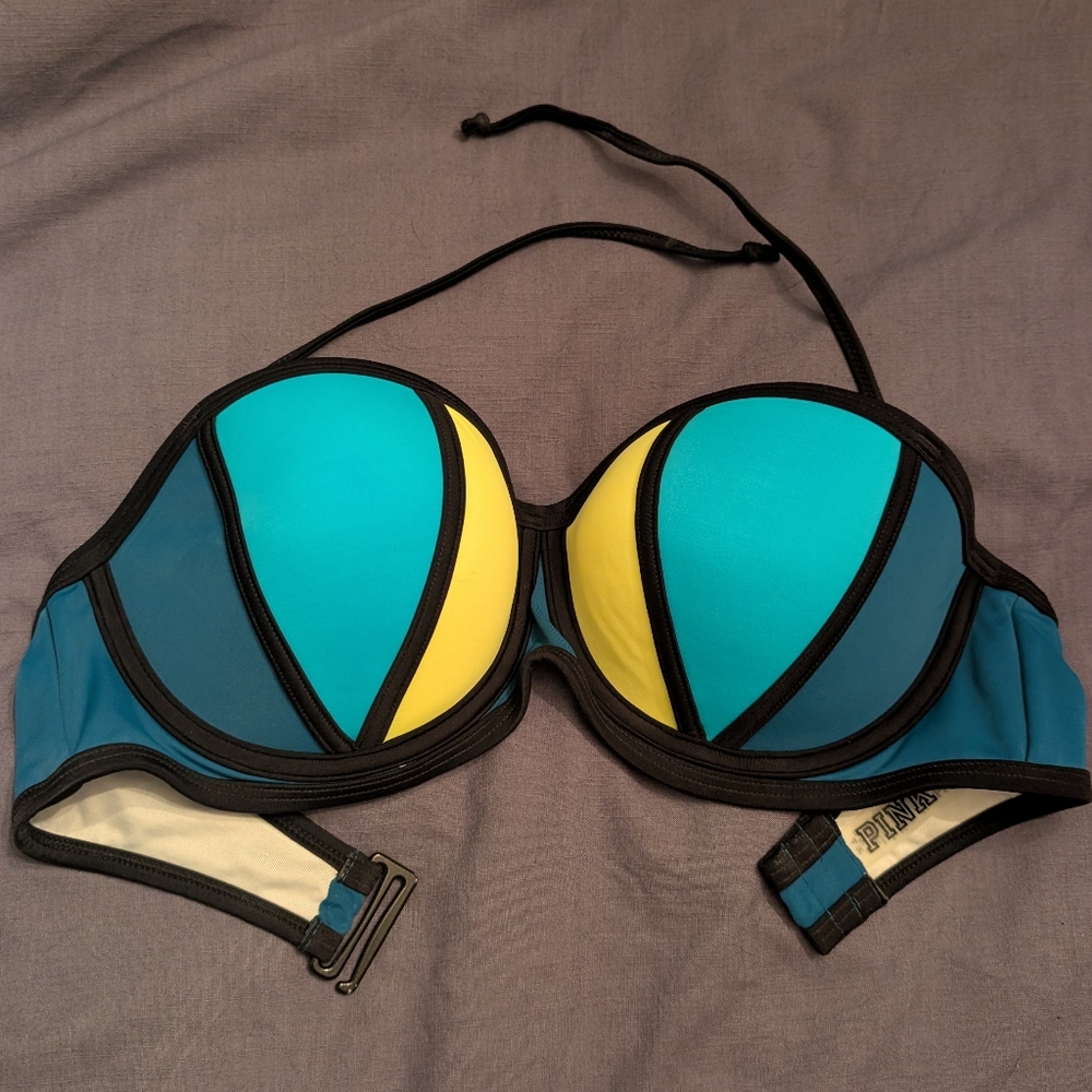 PINK Victoria's Secret Black and Blue Color Block Bikini Top